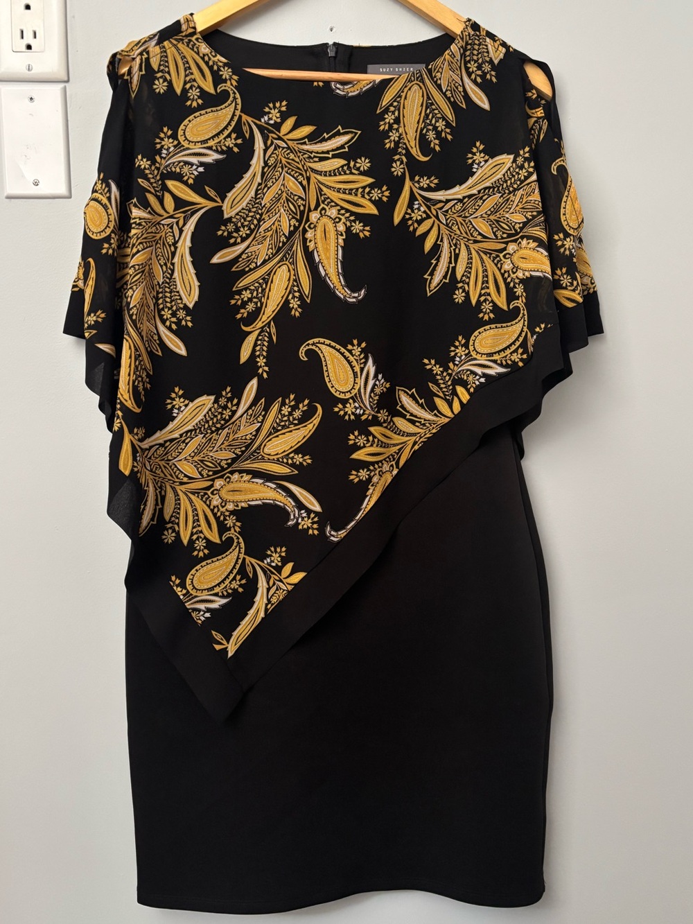 Suzy Shier Black Dress with Gold Paisley Overlay One-Shoulder